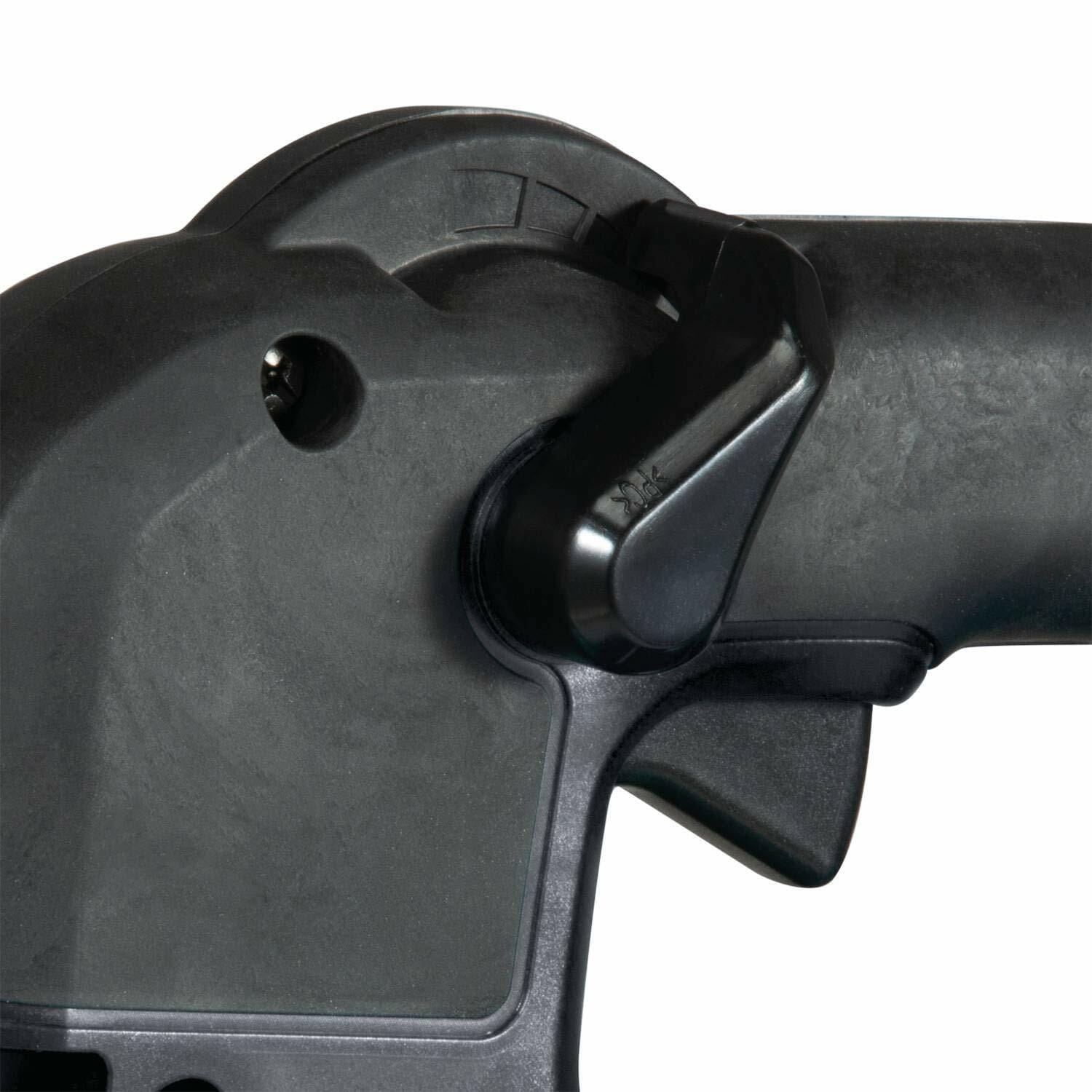 Close-up of the Makita blower's handle, focusing on the black cruise control lever and the variable speed trigger.