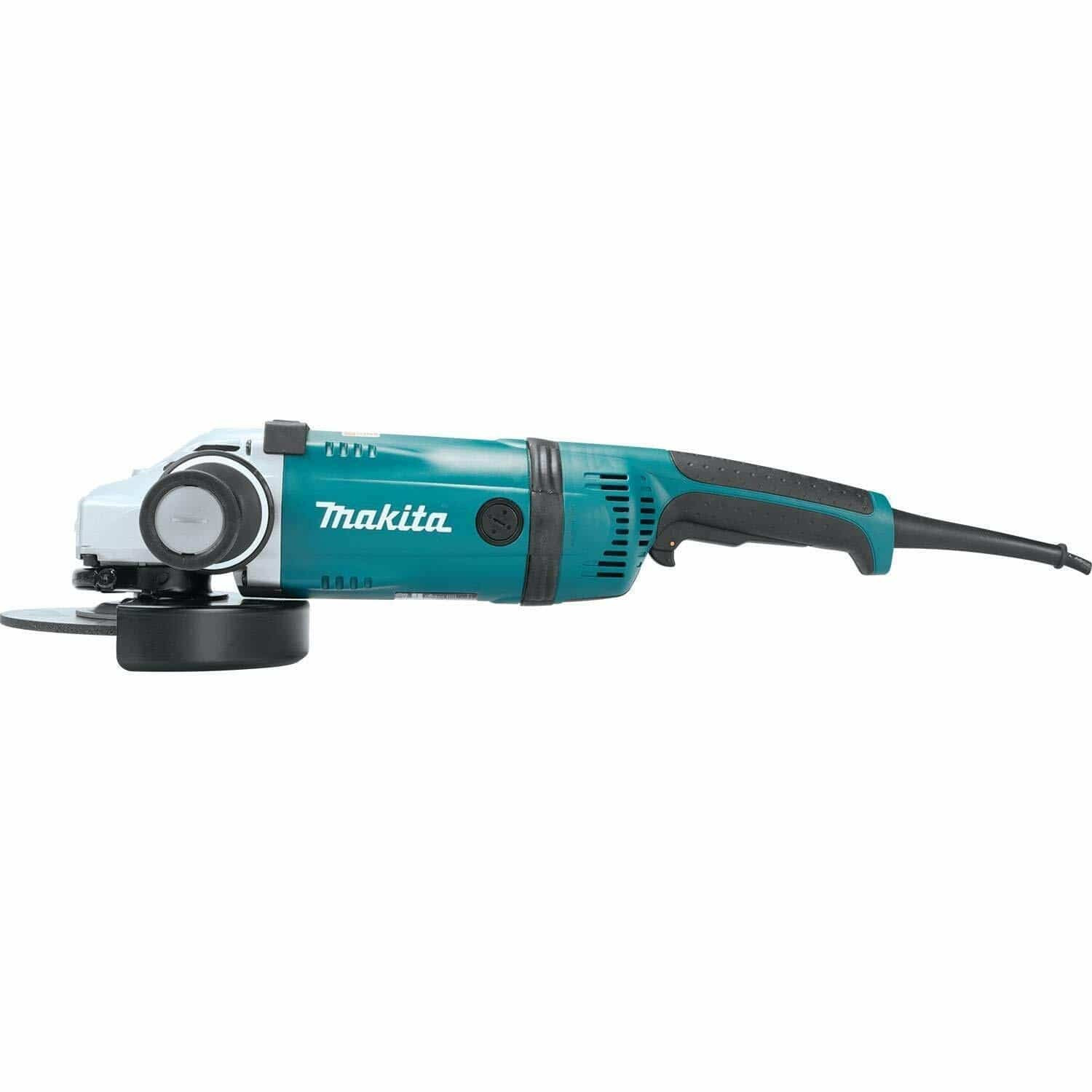 Side view of the Makita 7-inch angle grinder, teal and black, highlighting the extended body and rear handle design.