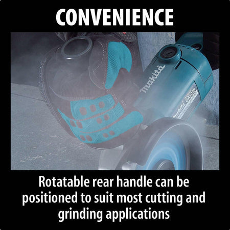 Close-up of a worker wearing gloves holding the Makita angle grinder. The image focuses on the rotatable rear handle. Text reads: CONVENIENCE, Rotatable rear handle can be positioned to suit most cutting and grinding applications.
