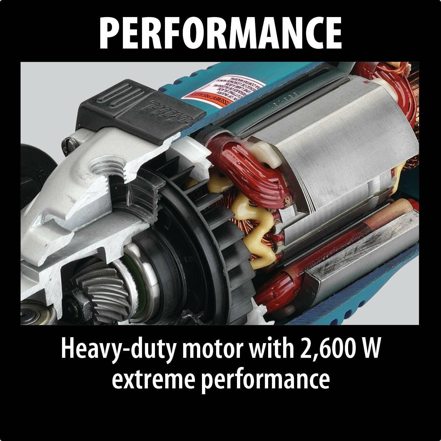 Close-up cutaway diagram of the Makita angle grinder motor showing the heavy-duty armature, field coils, and spiral bevel gears inside the aluminum gear housing. Text reads: PERFORMANCE, Heavy-duty motor with 2,600 W extreme performance.