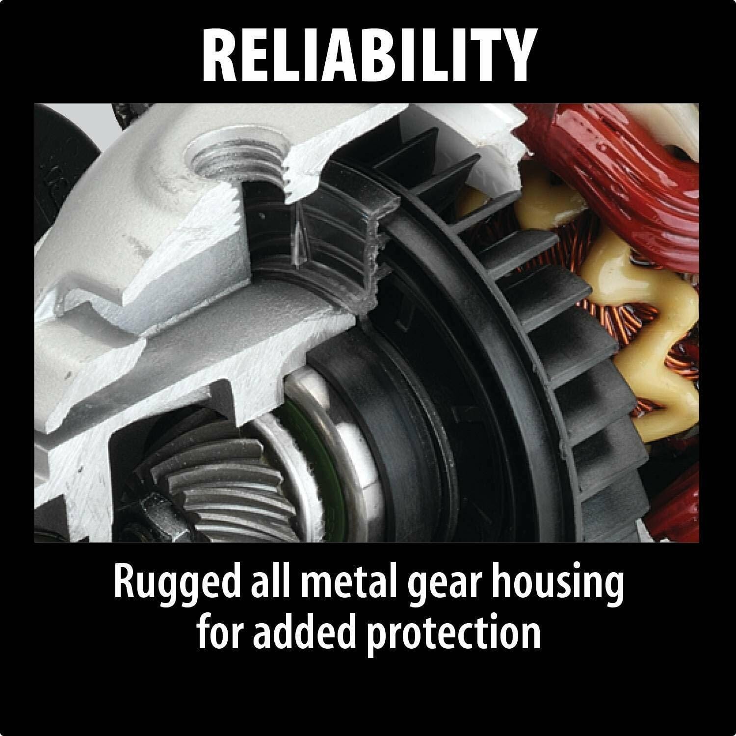 Close-up cutaway diagram illustrating the robust, all-metal gear housing protecting the spiral bevel gears of the Makita angle grinder. Text reads: RELIABILITY, Rugged all metal gear housing for added protection.