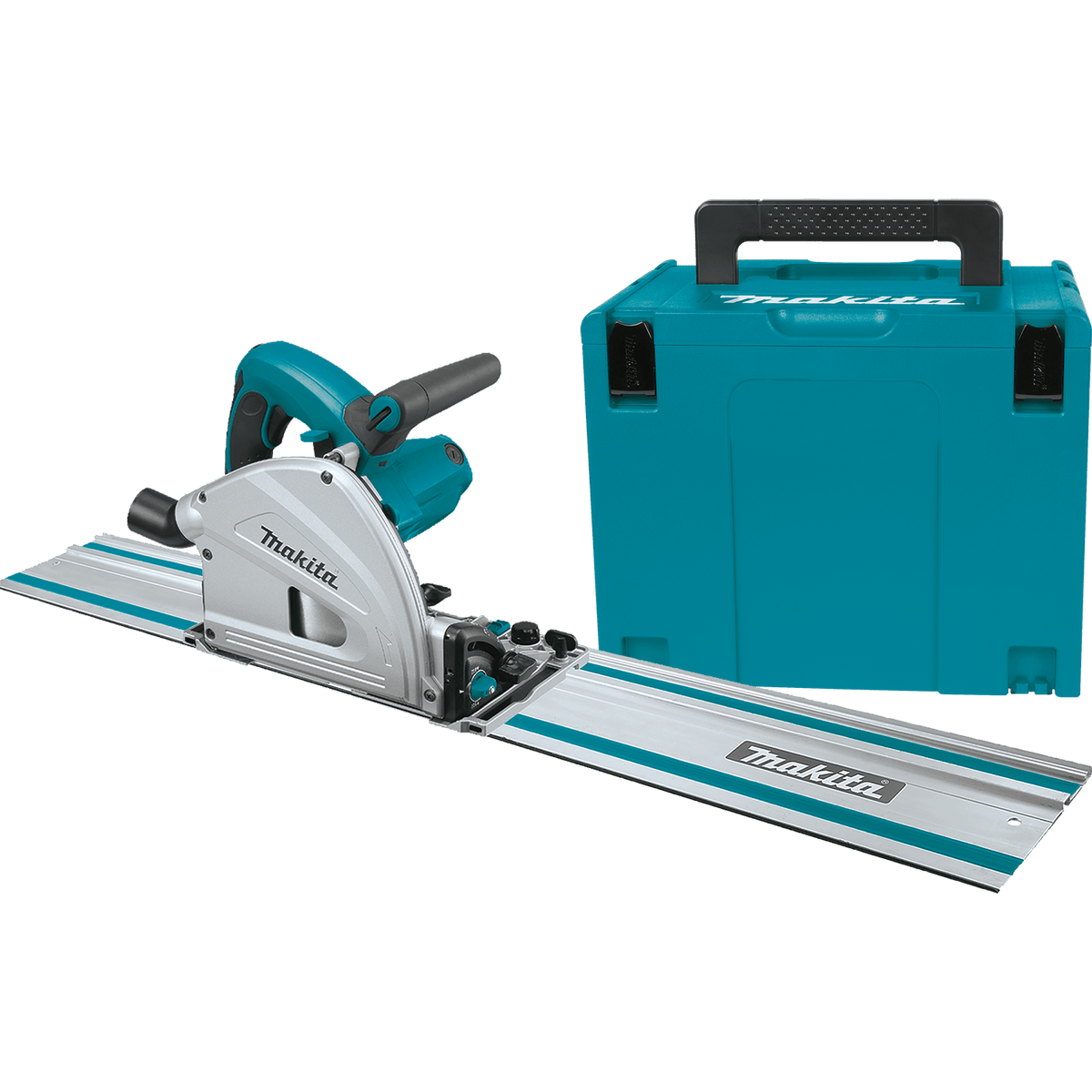 Isolated profile view of the Makita SP6000J1 6-1/2 inch plunge cut circular saw featuring an ergonomic dual-handle design, magnesium components, and a professional 48T carbide-tipped blade for track saw applications.