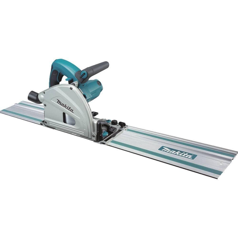 Makita circular saw with track on a white background