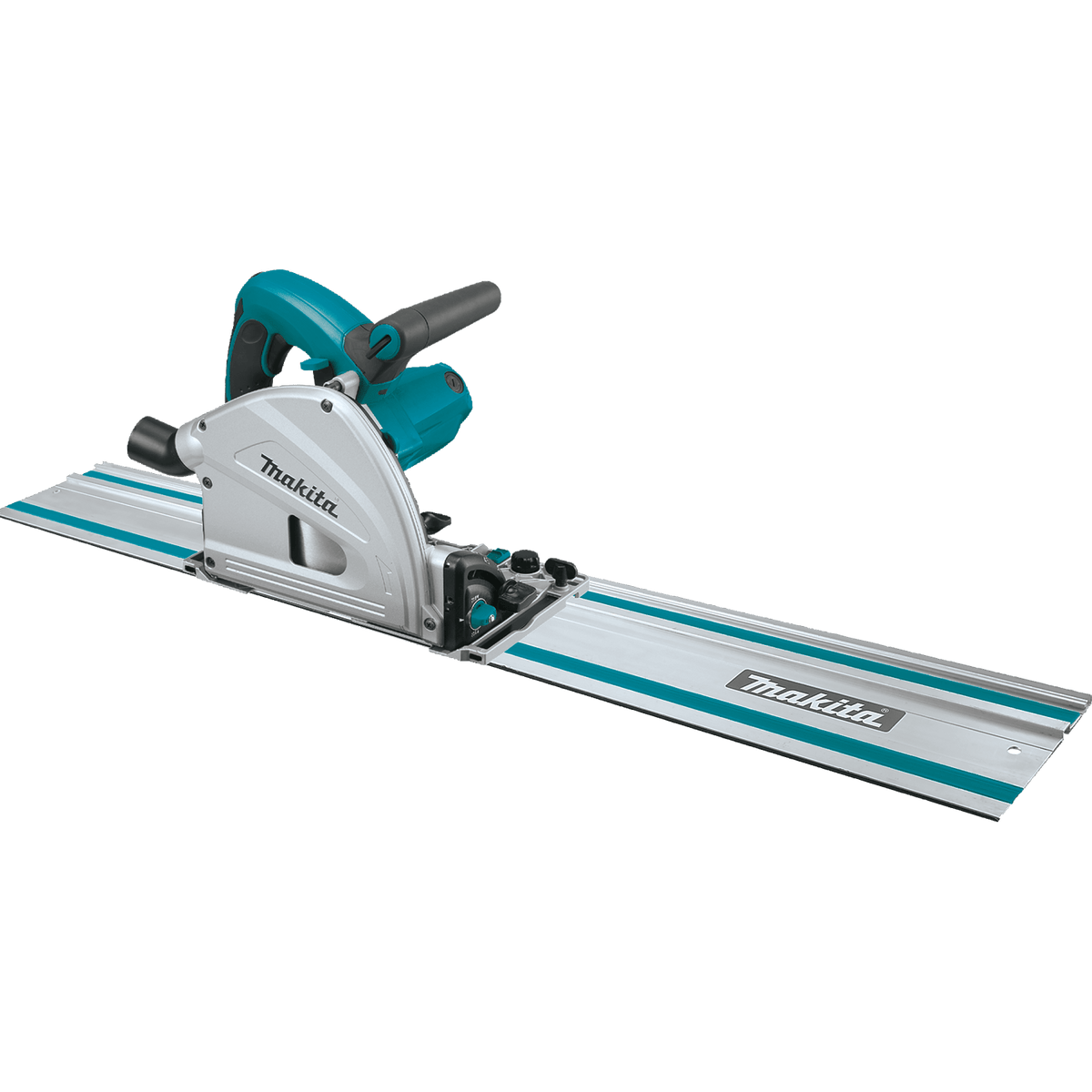 Comprehensive product kit view showing the Makita plunge circular saw, the 55-inch anodized aluminum guide rail track, and the heavy-duty blue MAKPAC interlocking stackable tool case.