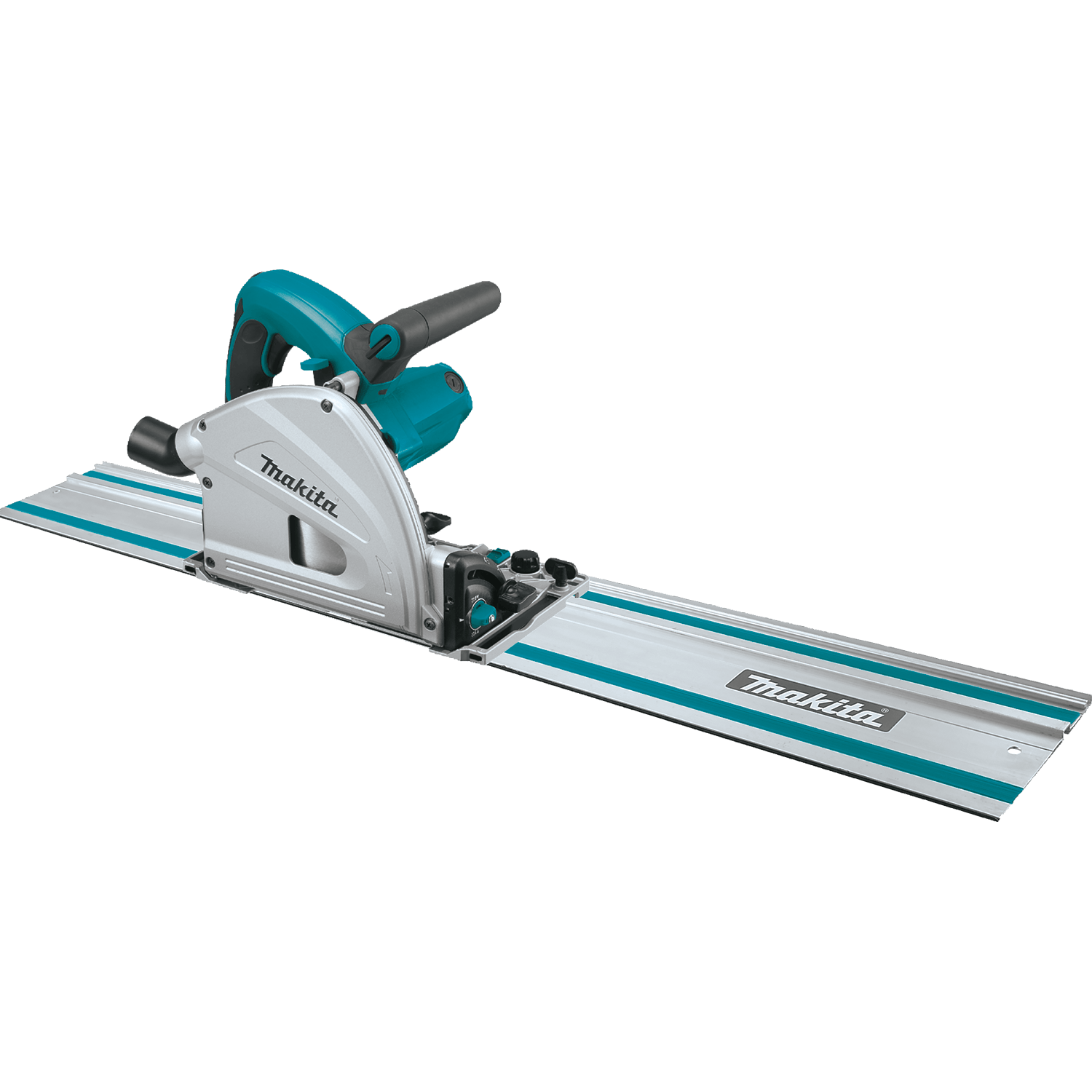 Comprehensive product kit view showing the Makita plunge circular saw, the 55-inch anodized aluminum guide rail track, and the heavy-duty blue MAKPAC interlocking stackable tool case.