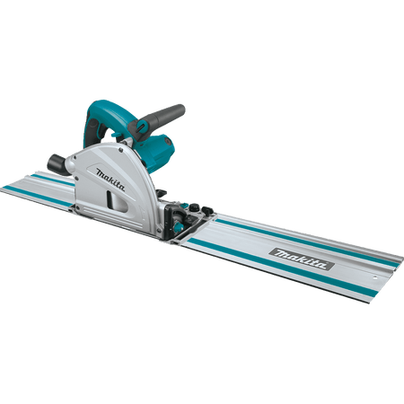 Comprehensive product kit view showing the Makita plunge circular saw, the 55-inch anodized aluminum guide rail track, and the heavy-duty blue MAKPAC interlocking stackable tool case.