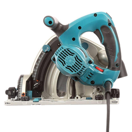 Side profile of the Makita 12 AMP track saw emphasizing the smooth plunge release lever, precision depth adjustment scale, and the rubberized top handle built for superior operator control.