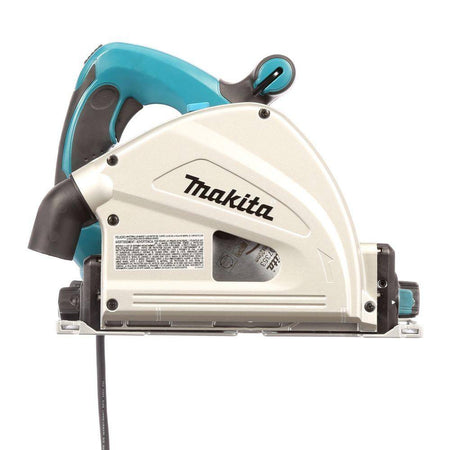 Close-up of the Makita plunge saw's bevel adjustment assembly, highlighting the dual front and rear supports that provide rigidity for accurate bevel cuts ranging from -1 to 48 degrees.