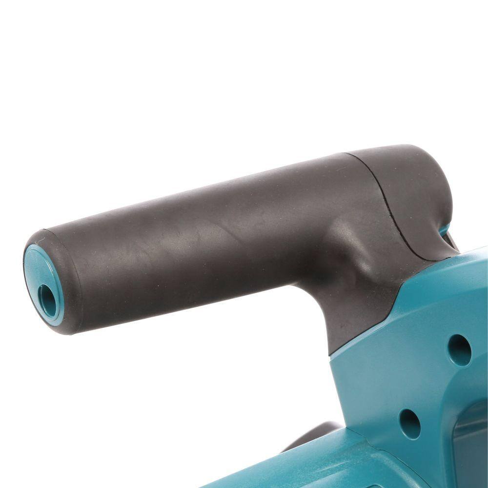 Close-up of a blue and gray tool handle on a white background