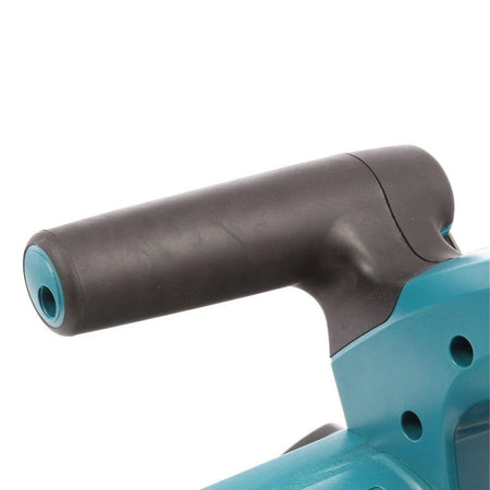 Close-up of a blue and gray tool handle on a white background
