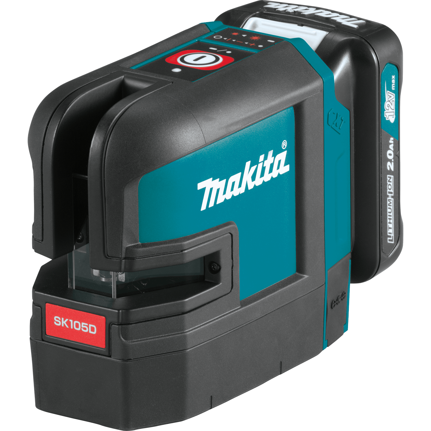 Makita SK105D 12V max CXT self-leveling red cross-line laser level shown in a three-quarter perspective angle.