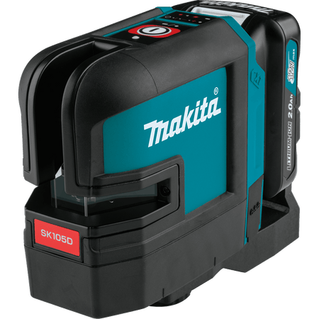 Side view of the Makita SK105D self-leveling cross-line laser featuring an IP54-rated protective rubber overmold body shell.