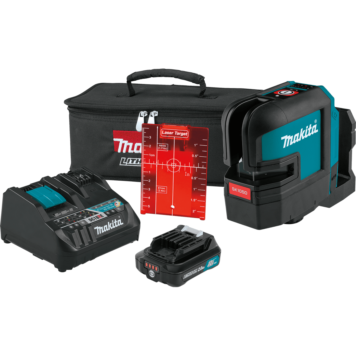 Makita SK105DNAX 12V CXT red cross-line laser kit including 2.0Ah battery, DC18RE charger, magnetic bracket, target plate, and bag.