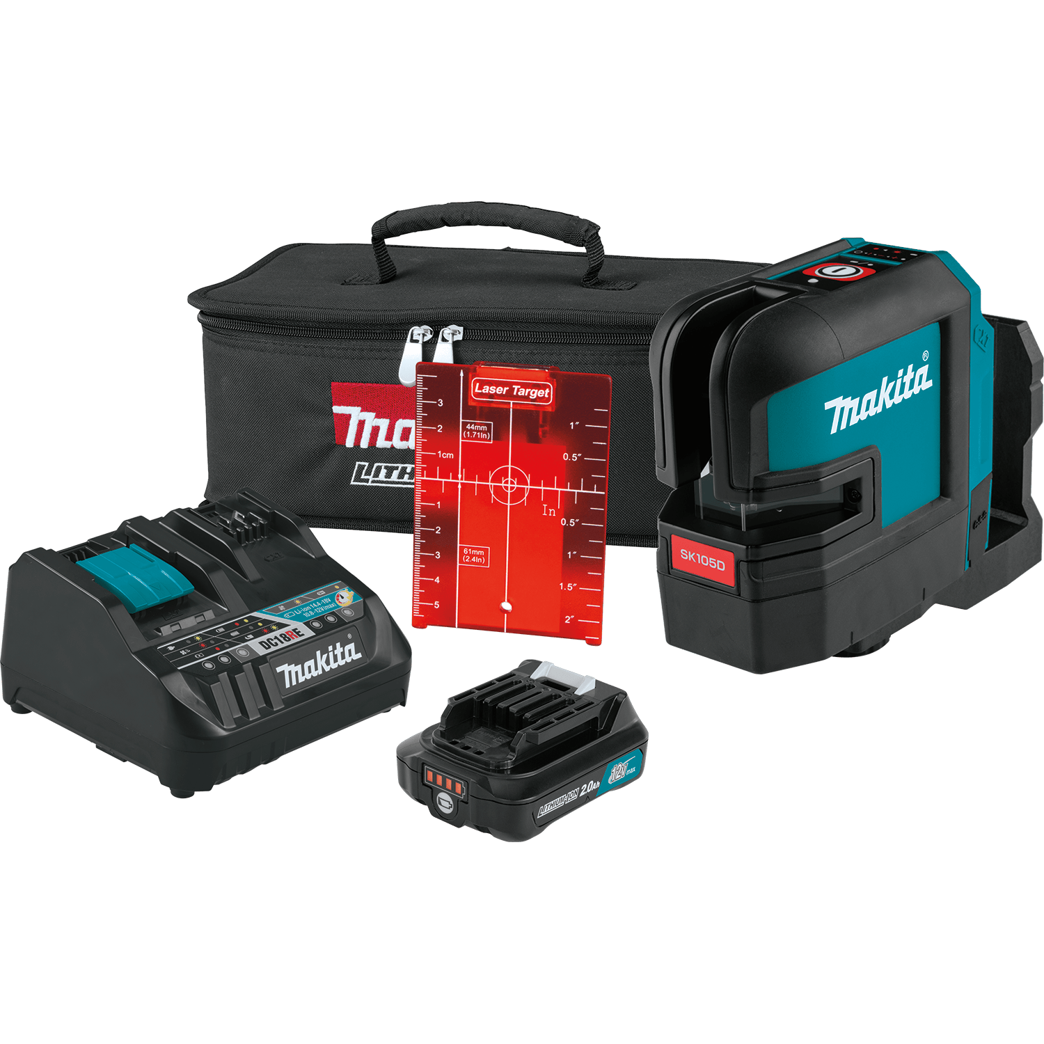 Makita SK105DNAX 12V CXT red cross-line laser kit including 2.0Ah battery, DC18RE charger, magnetic bracket, target plate, and bag.