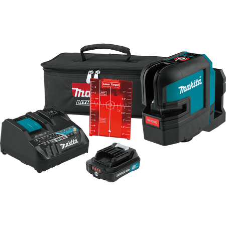 Makita SK105DNAX 12V CXT red cross-line laser kit including 2.0Ah battery, DC18RE charger, magnetic bracket, target plate, and bag.