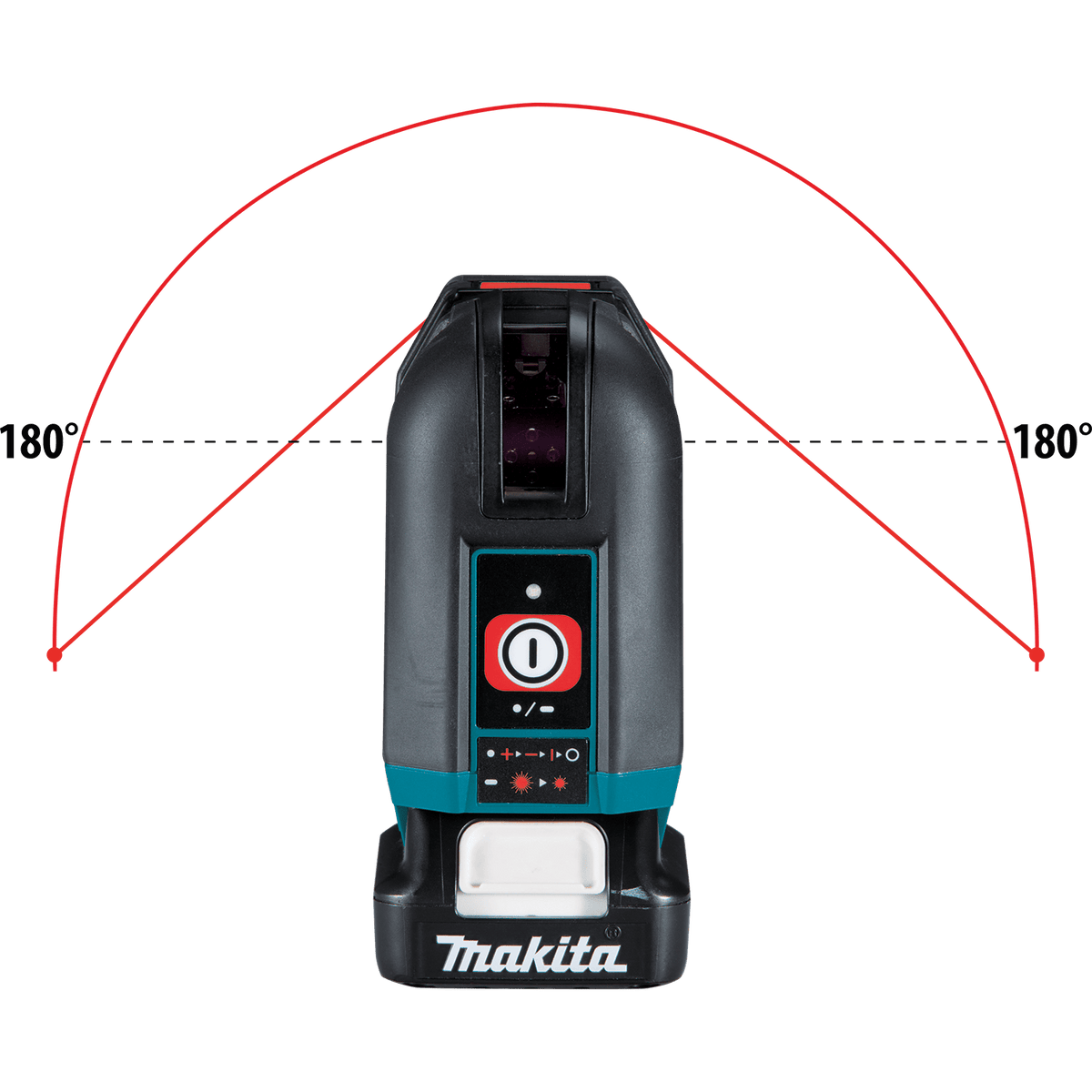 Top-down view of Makita SK105D laser displaying the 180-degree horizontal fan angle coverage arc and one-button control pad.
