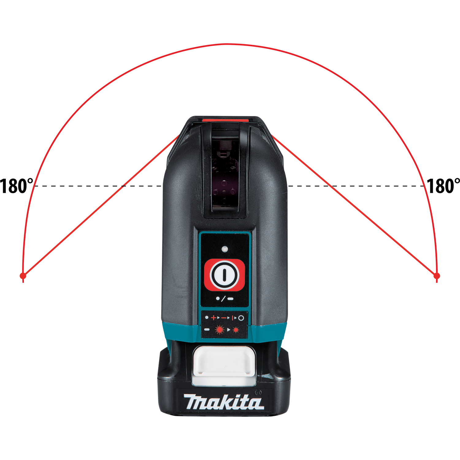Top-down view of Makita SK105D laser displaying the 180-degree horizontal fan angle coverage arc and one-button control pad.