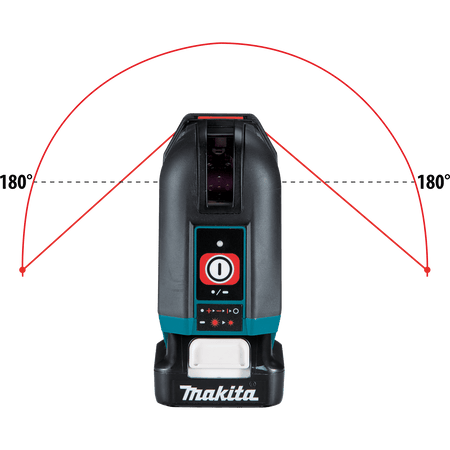 Top-down view of Makita SK105D laser displaying the 180-degree horizontal fan angle coverage arc and one-button control pad.