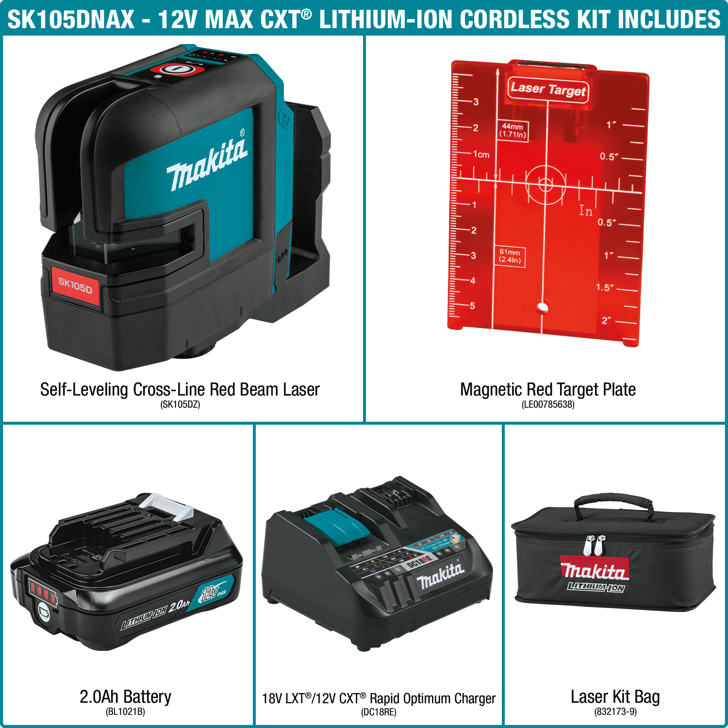 Kit component grid showing the Makita SK105D laser, magnetic red target plate, 2.0Ah battery, DC18RE charger, and padded carrying bag.