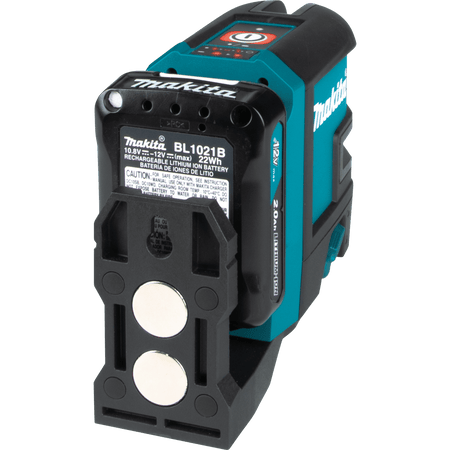 Rear magnetic L-adapter mount on the Makita SK105D cross-line laser securing a 12V max CXT 2.0Ah lithium-ion battery to steel studs.