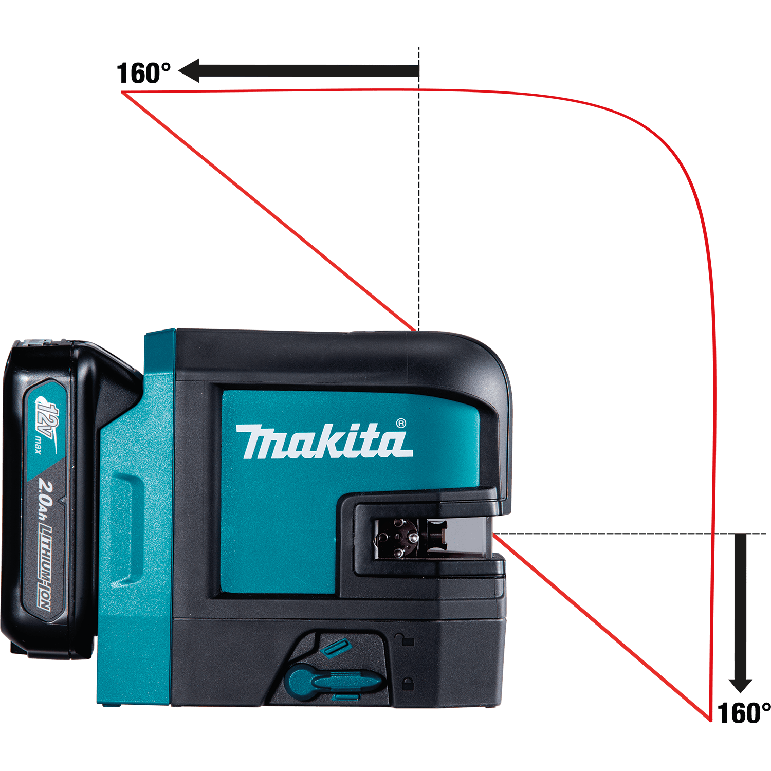 Diagram showing the 160-degree vertical line fan angle projection coverage delivered by the Makita SK105D self-leveling cross-line laser.
