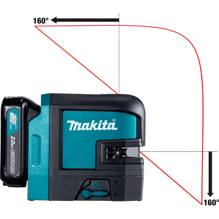 Diagram showing the 160-degree vertical line fan angle projection coverage delivered by the Makita SK105D self-leveling cross-line laser.
