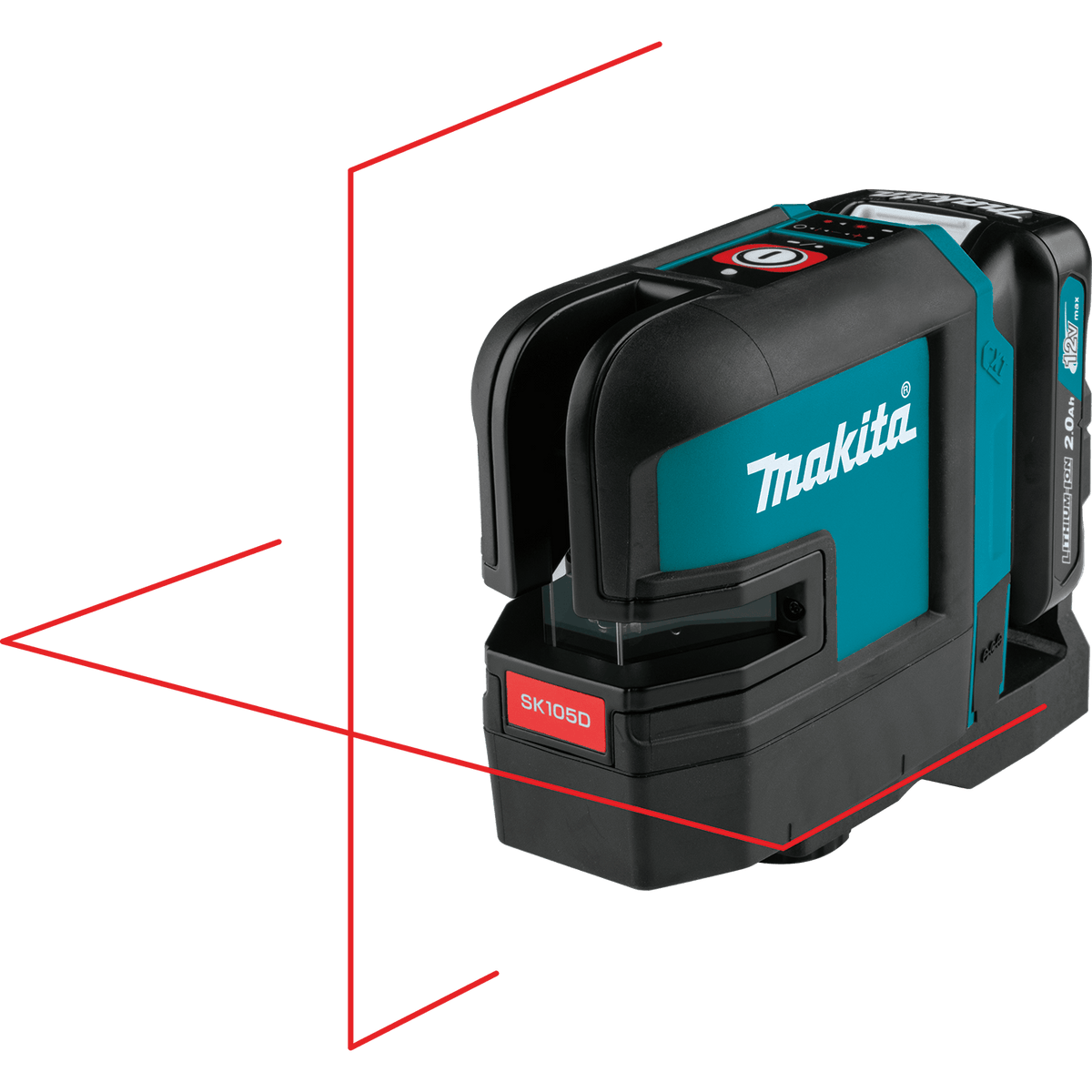 Makita SK105D self-leveling laser projecting bright red horizontal and vertical cross-reference lines for room layout alignment.