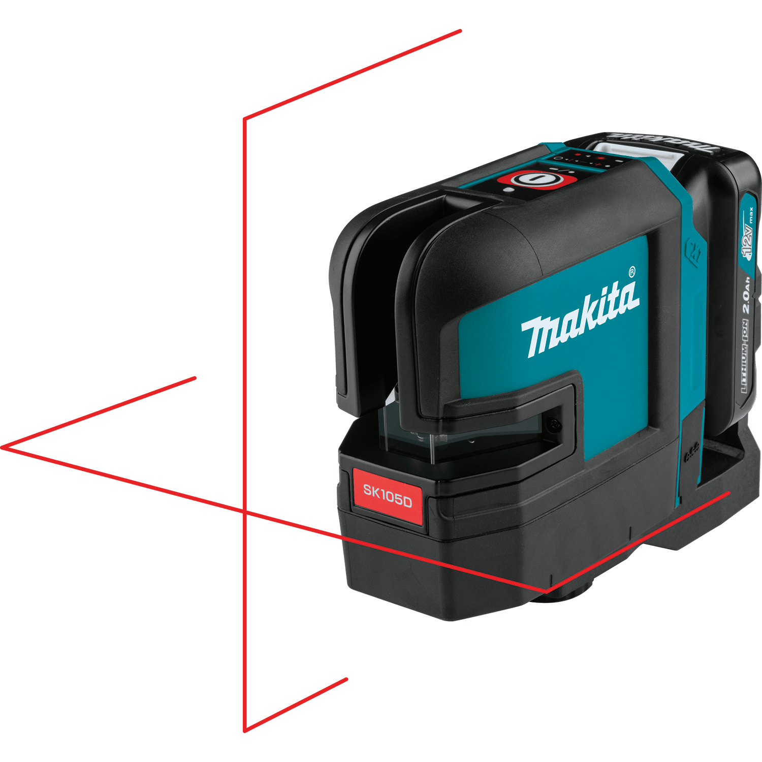 Makita SK105D self-leveling laser projecting bright red horizontal and vertical cross-reference lines for room layout alignment.