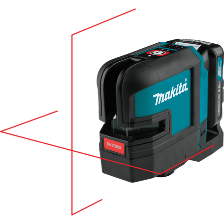 Makita SK105D self-leveling laser projecting bright red horizontal and vertical cross-reference lines for room layout alignment.
