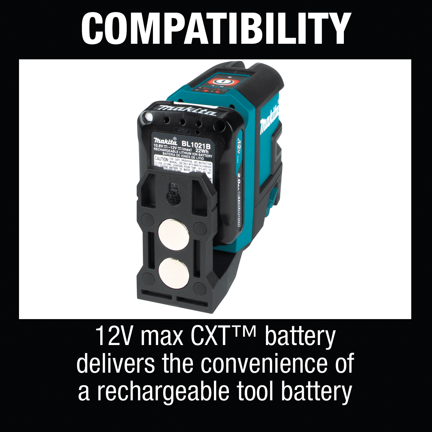 Rear view of Makita SK105D laser showing the magnetic mounting base and 12V max CXT 2.0Ah slide battery connection port.