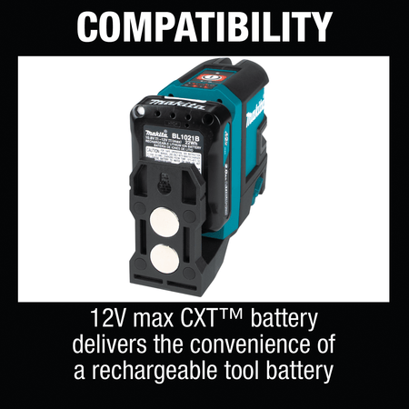 Rear view of Makita SK105D laser showing the magnetic mounting base and 12V max CXT 2.0Ah slide battery connection port.