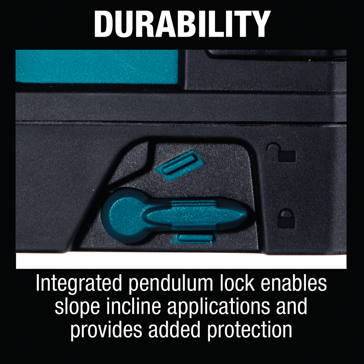 Close-up of the integrated manual pendulum lock switch on the Makita SK105D laser used for sloped incline applications.