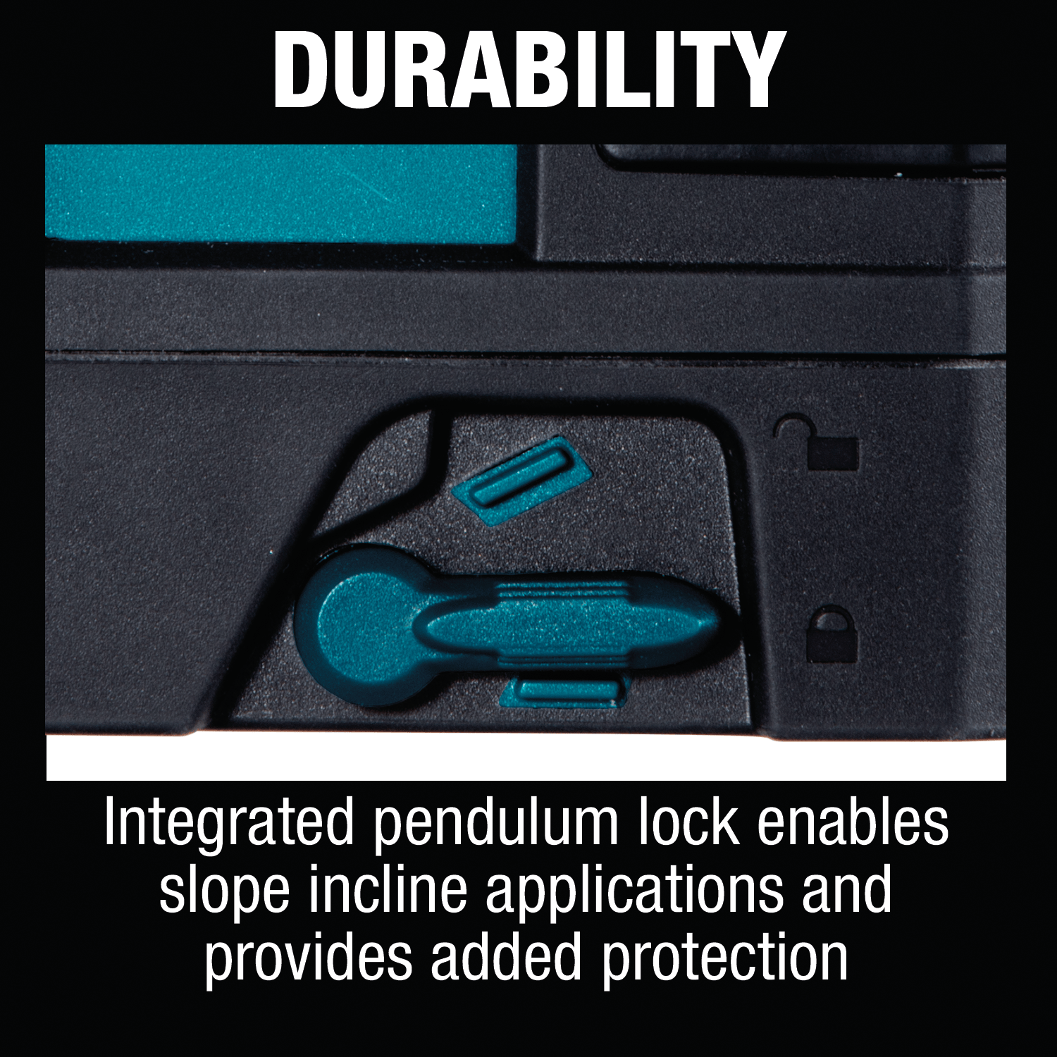 Close-up of the integrated manual pendulum lock switch on the Makita SK105D laser used for sloped incline applications.