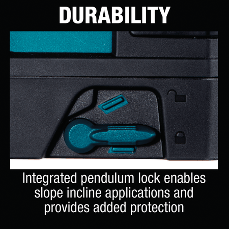 Close-up of the integrated manual pendulum lock switch on the Makita SK105D laser used for sloped incline applications.