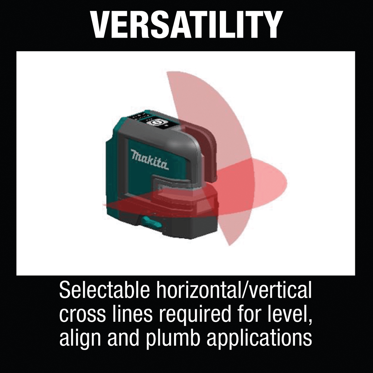 Beam fan angle diagram illustrating selectable horizontal and vertical red cross-line projections on the Makita SK105D laser.