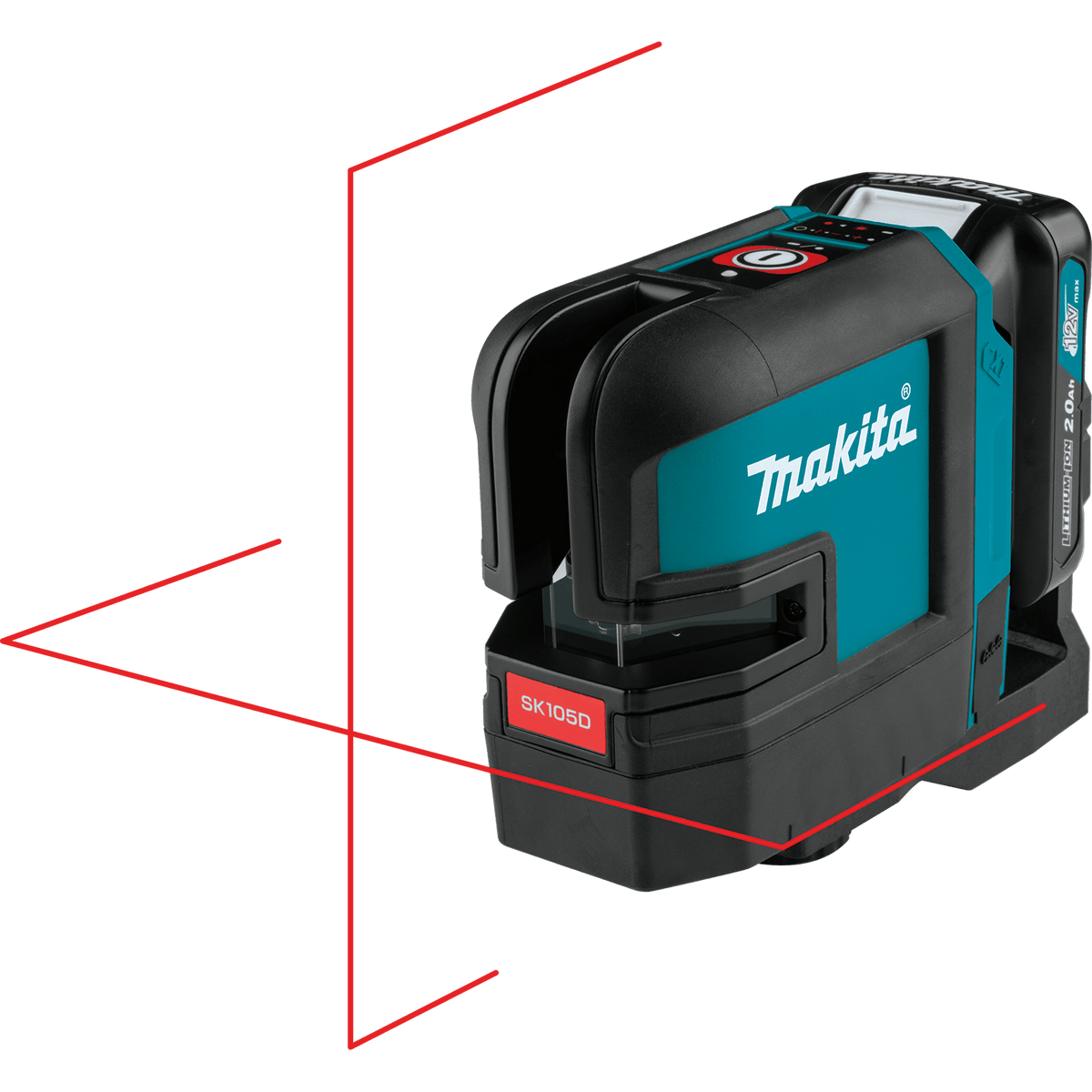 Makita SK105D self-leveling 12V CXT laser level projecting a 635nm red cross-line reference beam across perpendicular surfaces.