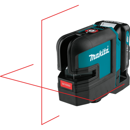 Makita SK105D self-leveling 12V CXT laser level projecting a 635nm red cross-line reference beam across perpendicular surfaces.