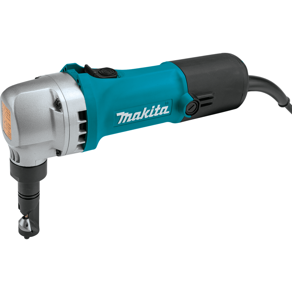 Makita JN1601 16-gauge 5.0 amp sheet metal nibbler with 360-degree rotating die for cutting corrugated deck plate and metal roofing.