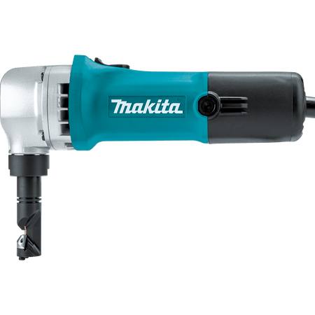 Side view of the Makita JN1601 corded nibbler highlighting its slim 3.6-pound barrel grip and 2200 SPM cutting performance.