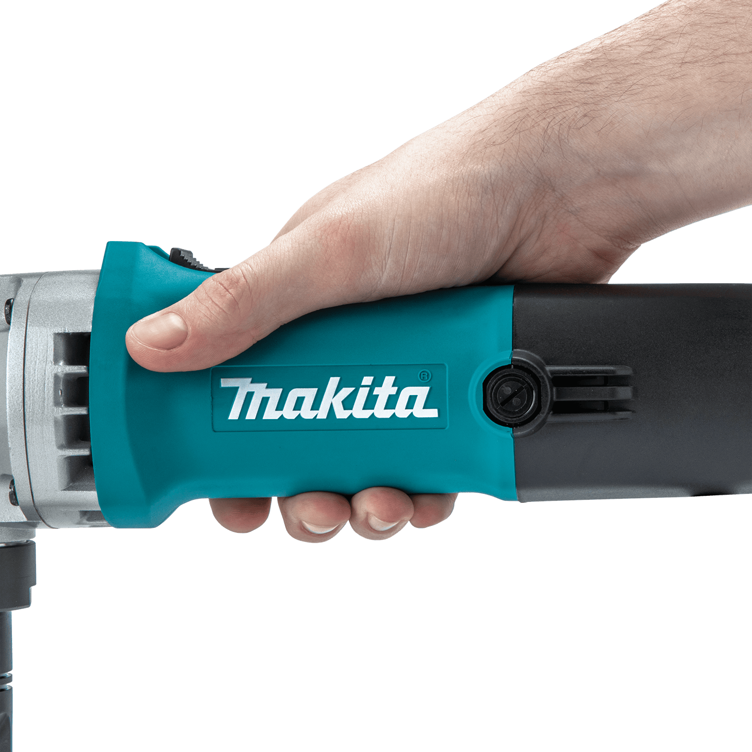 Gloved operator holding the slim barrel grip of the Makita JN1601 sheet metal nibbler to demonstrate ergonomic control.