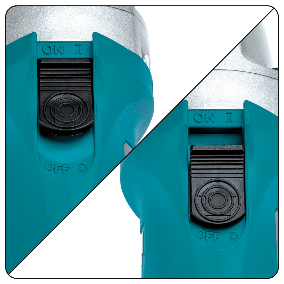Top-mounted sliding switch on the Makita JN1601 nibbler showing the lock-on positions for continuous sheet metal cutting.