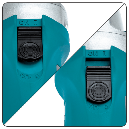 Top-mounted sliding switch on the Makita JN1601 nibbler showing the lock-on positions for continuous sheet metal cutting.