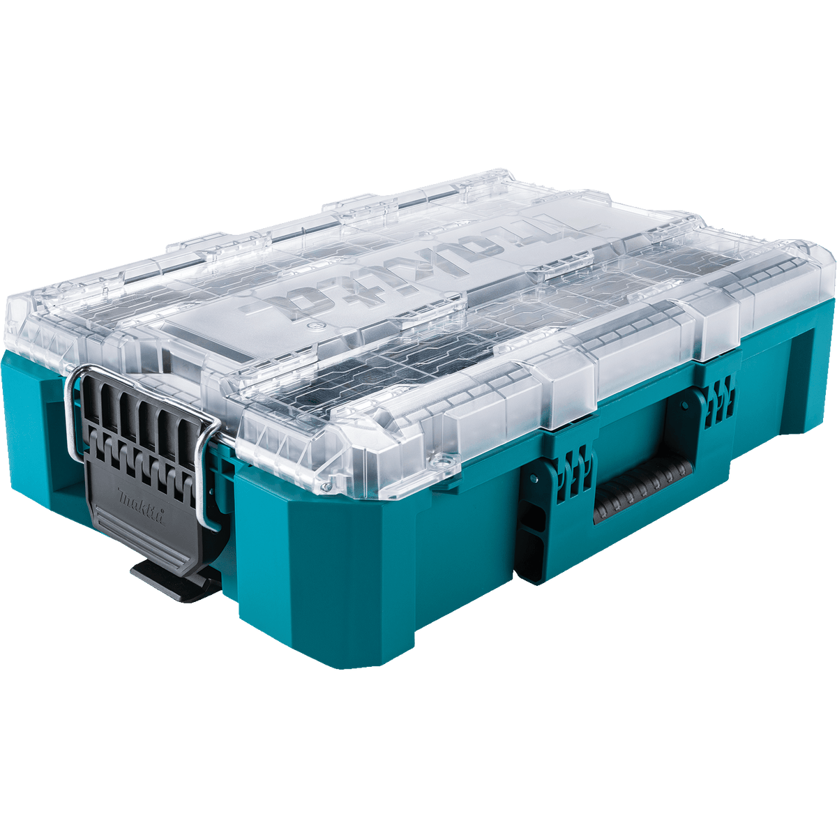 Three-quarter studio view of the Makita T-90043 MAKTRAK Deep Medium Organizer featuring a durable teal impact-resistant copolymer body and a clear, reinforced lid for easy content identification.