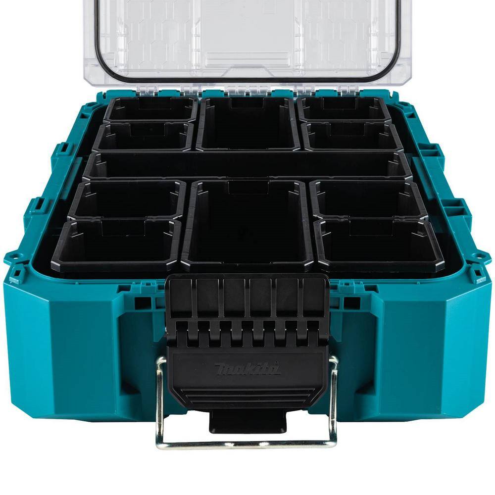 Front-facing studio shot of the Makita T-90043 Deep Medium Organizer with the lid open, showcasing the 11 removable internal bins and the heavy-duty metal-reinforced front latch.