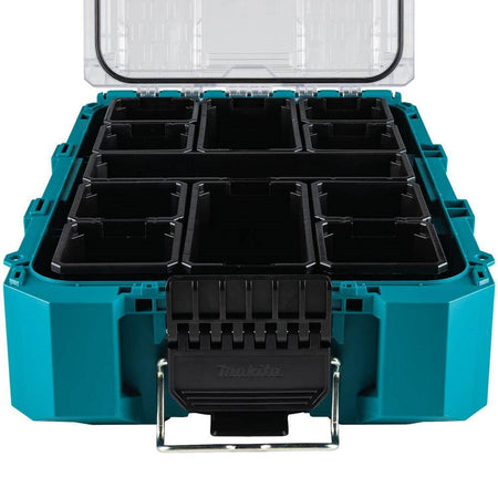 Front-facing studio shot of the Makita T-90043 Deep Medium Organizer with the lid open, showcasing the 11 removable internal bins and the heavy-duty metal-reinforced front latch.