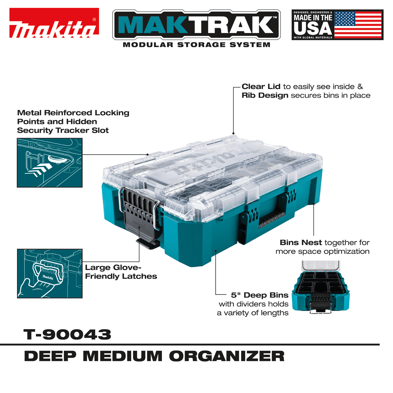 Annotated product graphic for the Makita MAKTRAK modular storage system identifying key features such as the metal-reinforced locking points, large glove-friendly latches, and 5-inch deep removable organizer bins.