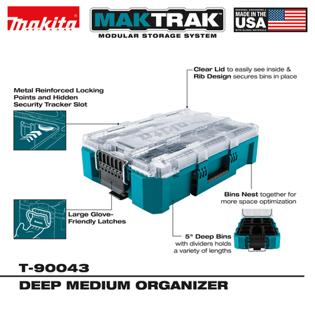 Annotated product graphic for the Makita MAKTRAK modular storage system identifying key features such as the metal-reinforced locking points, large glove-friendly latches, and 5-inch deep removable organizer bins.