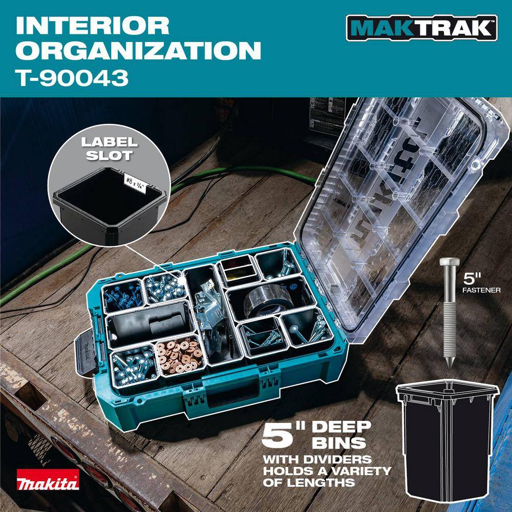 Interior view of the Makita T-90043 Deep Medium Organizer showing 11 removable bins filled with various jobsite fasteners, highlighting the integrated label slots for professional organization.
