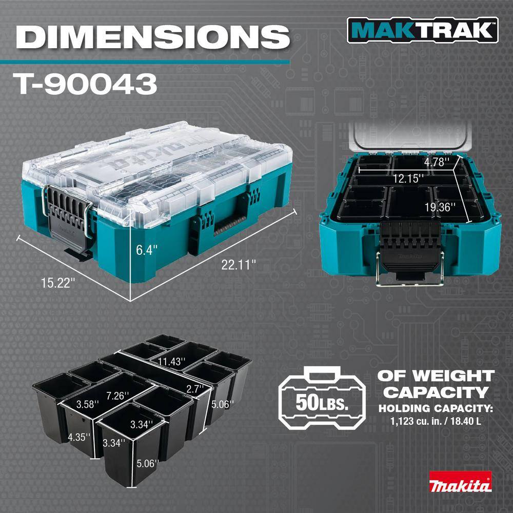 Detailed dimension graphic for the Makita MAKTRAK organizer and its removable bins, showcasing the 22.11-inch length, 15.22-inch width, and 6.4-inch height with a 50 lb weight capacity.