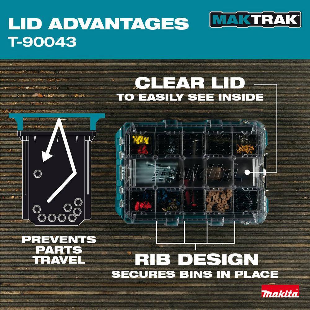 Technical graphic illustrating the Makita MAKTRAK lid advantages, featuring a rib design that secures bins in place and prevents small parts from traveling between compartments during transit.